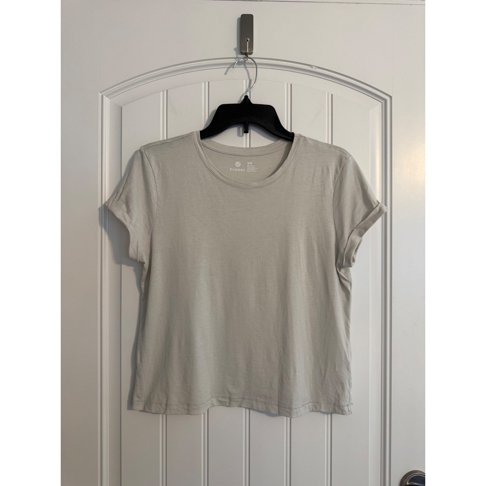 Sundry Women's Pale Grey Rolled Sleeve Crew Neck Cropped Tee Size M